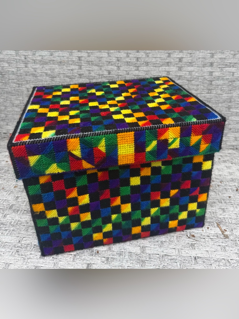 Vintage (>50 years) Handmade Rainbow Plastic Canvas Trinket Box Lid Chekerboard